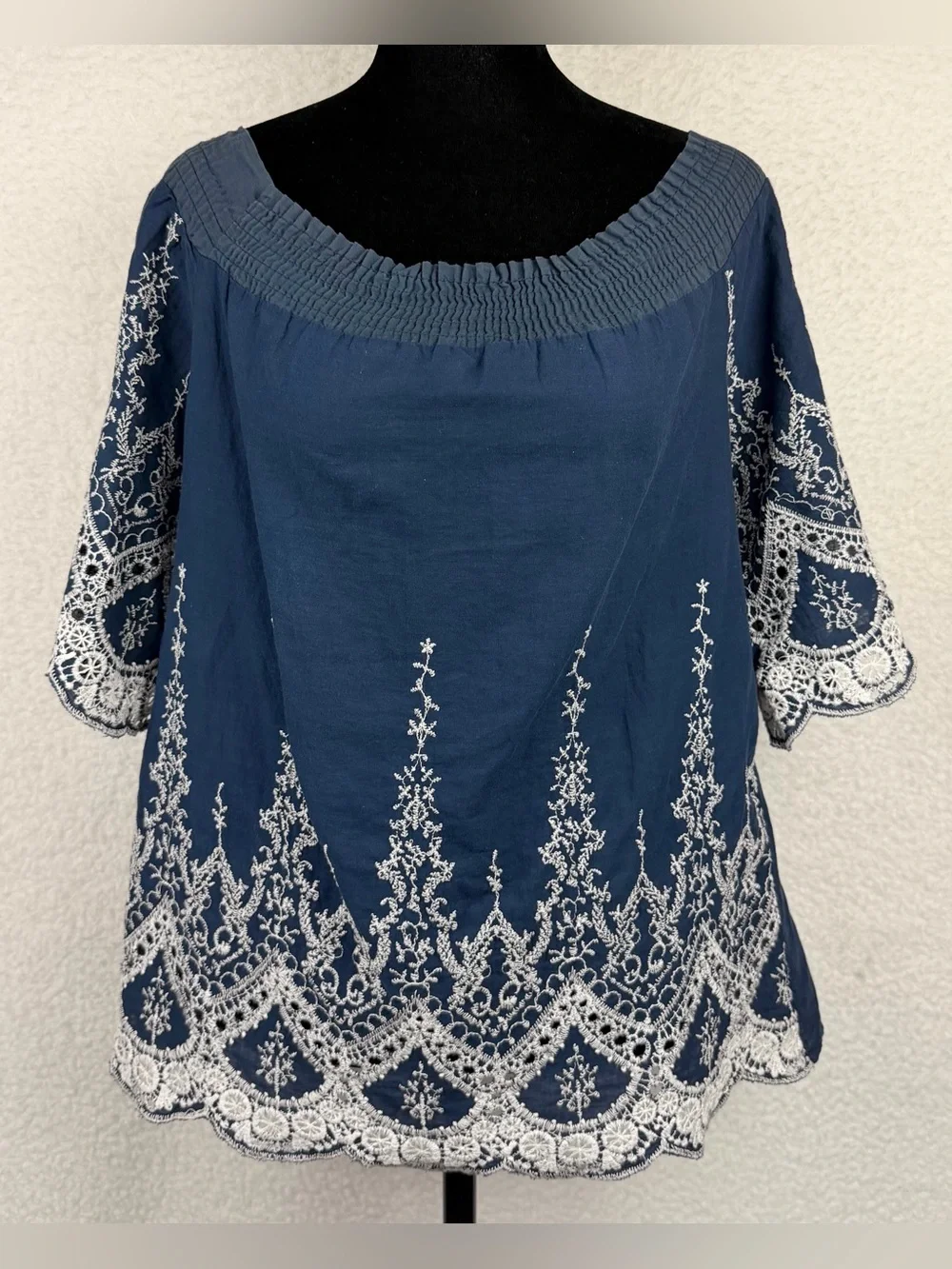 Navy Blue/White Embroidered Boho Smocked-Neck Peasant Blouse, M - Picture 2 of 10